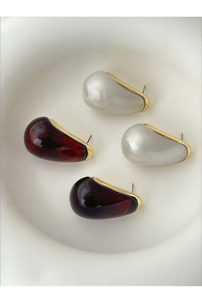 QA Quella Accessories Kadın Özel Seri İri Dolgu Damla Beyaz & Kahve 14K Gold ...