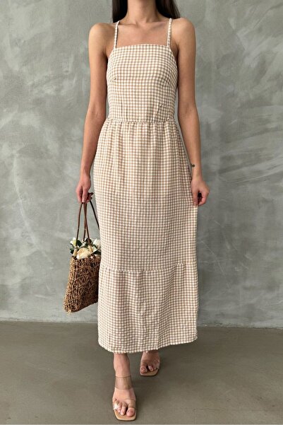 Caddebostan Moda Gingham Patterned Long Dress with Thin Straps and Back Detail