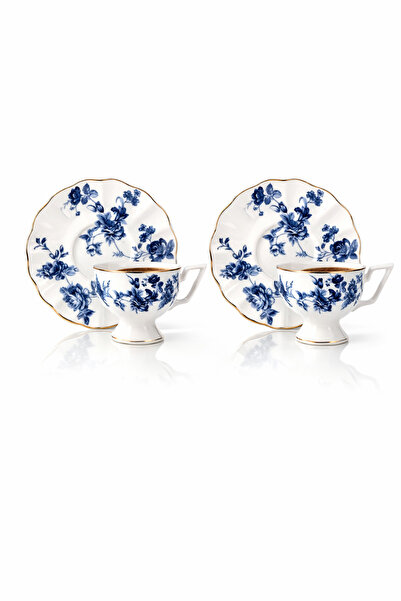 welcomein 2 Kişilik 4 Parça Porselen Kahve Fincan Takımı Çiçek Desenli, Altın...