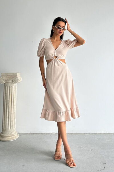 Caddebostan Moda V-Neck, Low-Cut Waist, Ring Detail, Balloon Sleeves, Flared ...