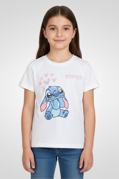 Disney تيشيرت أبيض بأكمام قصيرة مطبوع عليه رسومات ليلو وستيتش للأطفال البنات