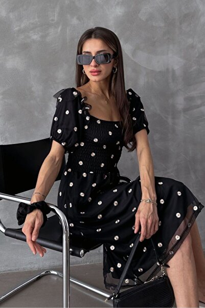 Caddebostan Moda Daisy Patterned Boat Neck Midi Dress with Tulle Detail on th...