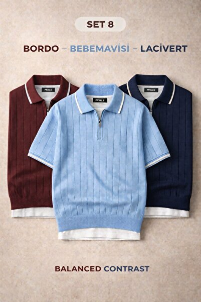 oneoff Men's 3-Pack Polo Collar Knitwear Textured Half-Zip Regular Cotton Col...