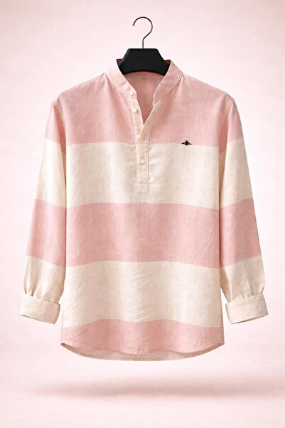 BAROS Orijinal Keten Gömlek Yarım Düğmeli Yatay Desenli