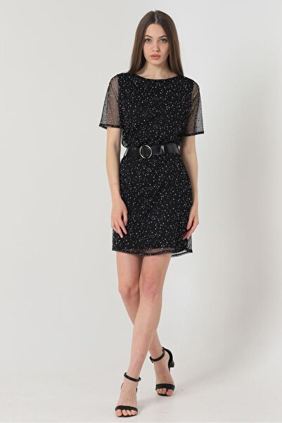 Caddebostan Moda Belted Polka Dot Tulle Detailed Short Sleeve Mini Dress