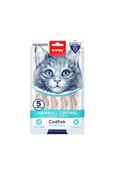 Wanby Creamy cat treats, designed to help control hairballs. 5 envelopes