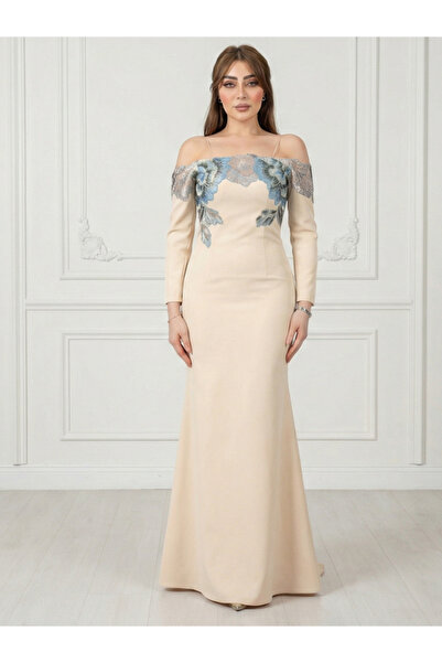 Nice Model Elegant Off-Shoulder Crepe Evening Dress Long Sleeve Gown with Lux...