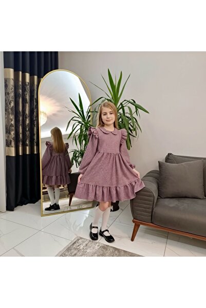 opheliateks Prenses Kesim Bebe Yaka Fırfırlı Ekoseli Kız Çocuk Elbise-Lila