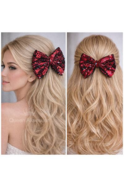 QUEEN AKSESUAR Agrafă de păr cu clemă automată, cu fundă mare, cu paiete, roș...