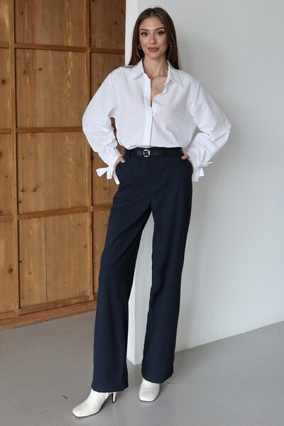 bacc Navy Blue Belted Double Pocket Palazzo Trousers