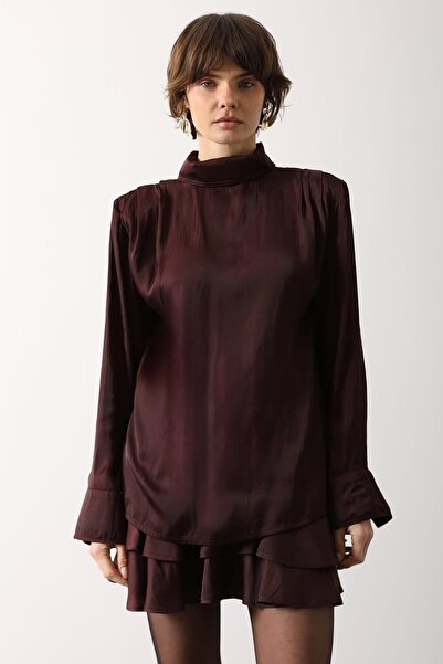 bacc Burgundy High Collar Satin Blouse with Padded Shoulders and Draped Detail