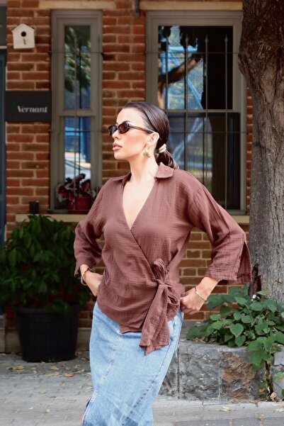 bacc Brown Double-Breasted Collar Tied Muslin Blouse