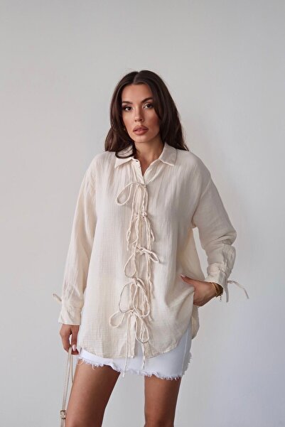 bacc Cream Button Detailed Tied Muslin Shirt