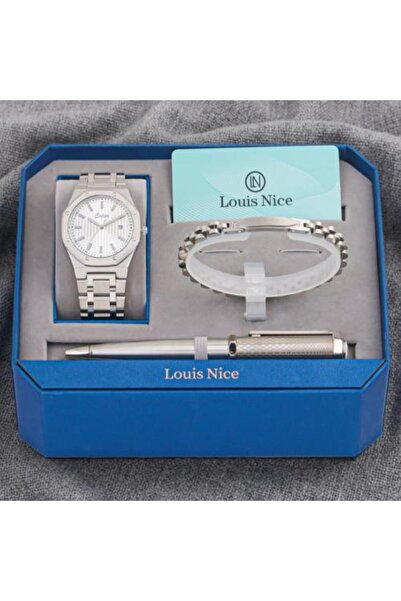 Louis Nice طقم هدايا متكامل! ساعة رجالية فضية اللون + سوار + قلم