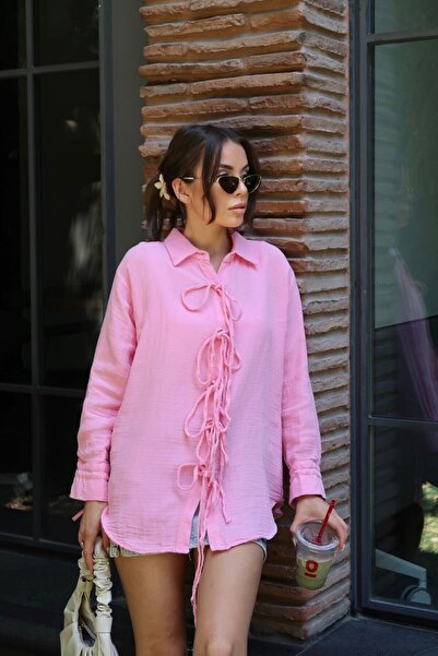 bacc Pink Button Detailed Tie-Up Muslin Shirt