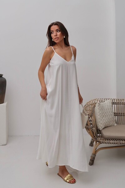 bacc Women's White V-Neck Strap Long Lined Loose Dress Bcru-261300