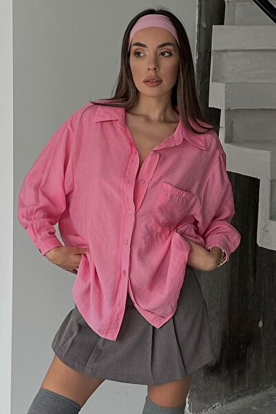 bacc Pink Single Pocket Long Sleeve Oversize Shirt