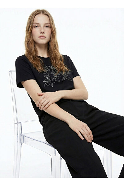 Fabrika Bisiklet Yaka Payetli Siyah Kadın T-Shirt F6SL-TST0352