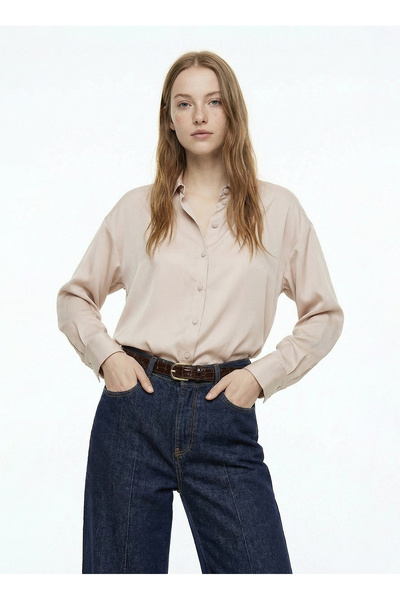 Fabrika Loose Fit Gömlek Yaka Düz Bej Kadın Gömlek F6SL-GML0194