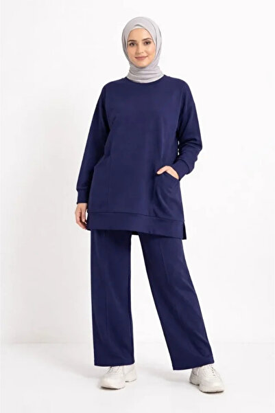 nedo7 Osy Modal Soft Textured Fabric Hijab Pocketed Tunic Pants Set - Navy Blue