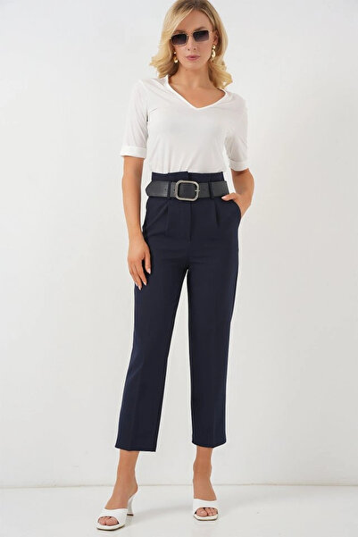 nedo7 6556 Belted Fabric Trousers - Navy Blue