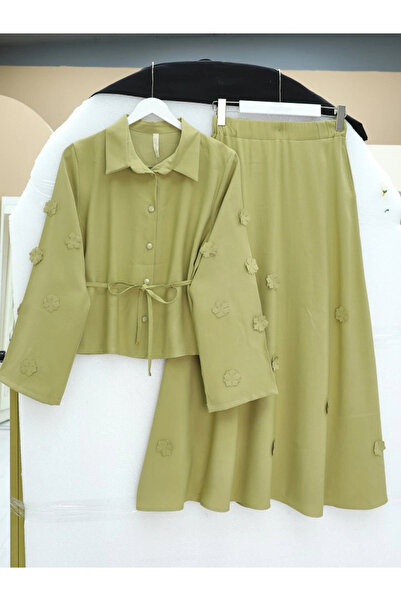 nedo7 Floral Sleeves and Skirt, Lace-Up Waist Shirt and Skirt Two-Piece Modal...