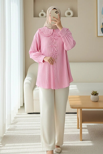 nedo7 Buttoned Shirt with Ribbon Detail on the Front - Pink