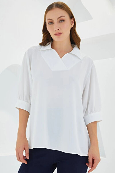 nedo7 White Shirt Collar Satin Blouse 0493