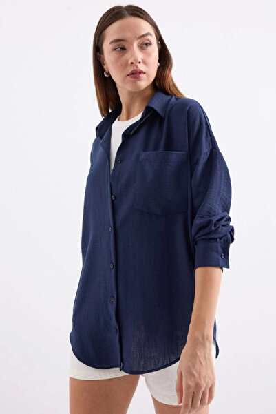 nedo7 20153 Single Pocket Oversize Linen Shirt - D.Navy Blue