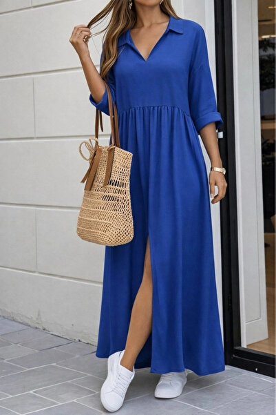 nedo7 Women's Three Quarter Sleeves V-Neck Slit Long Aerobin Dress