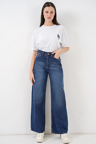nedo7 Wide Leg High Waist Palazzo Jeans 6656 - Navy Blue