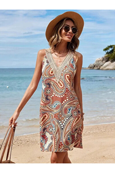 nedo7 Women's Short Sleeve Lace V Neck Patterned Single Jersey Dress