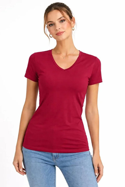 nedo7 T-Shirt V-Neck Slim Fit Lycra T-Shirt Casual Basic Body - Burgundy