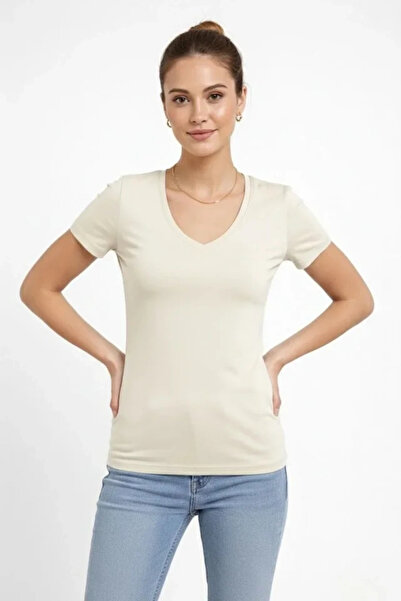 nedo7 V-neck slim fit lycra t-shirt - everyday basic bodysuit - stone
