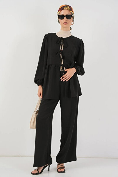 nedo7 Lace-Up Front Tunic and Trousers Double Set 6744 - Black