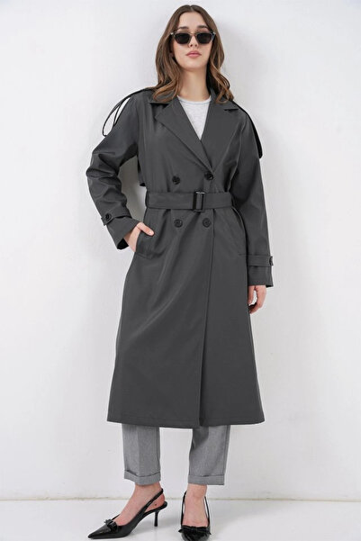 nedo7 5941 Double-Breasted Collar Long Trench Coat - Anthracite