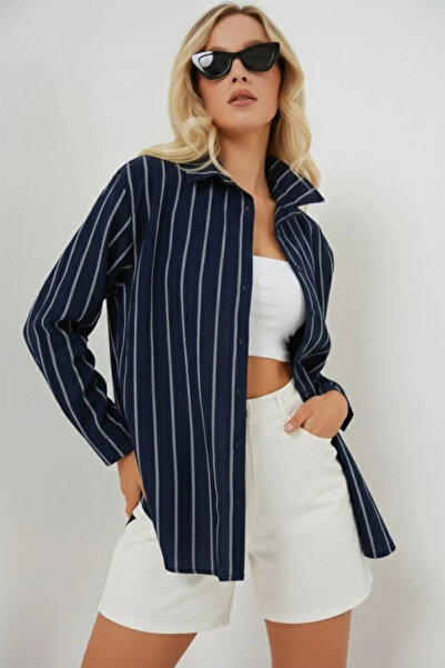 nedo7 Striped Oversize Shirt 20293 - Navy Blue