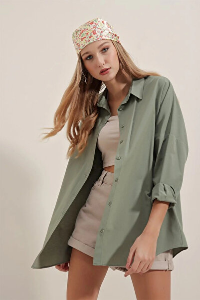 nedo7 Khaki Oversize Long Basic Shirt 3900