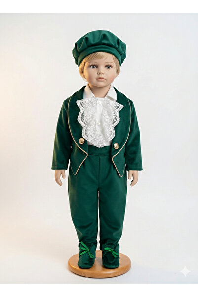 MASSIBEBE Costum Botez Baieti Catifea Verde Smarald,5 Piese și Bonetă