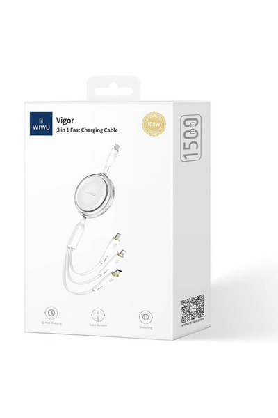 WIWU كابل شحن سريع قابل للسحب 3 في 1 من سلسلة Vigor WI-C023 - أبيض