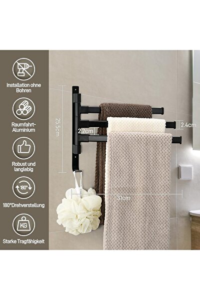 LIFVCNT Triple towel rail 180°, without drilling, black