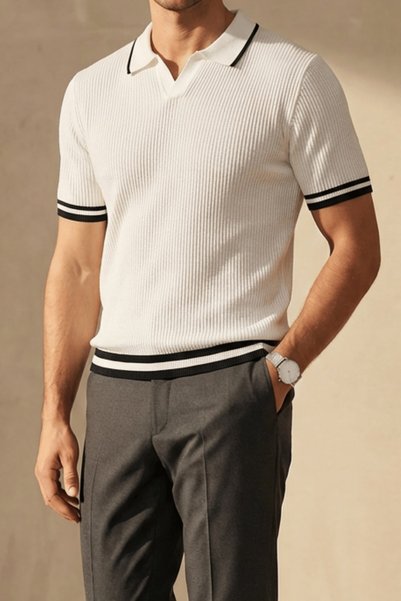 The Champ Clothing تي شيرت رجالي من التريكو المضلع ذو ياقة بولو باللون الأبيض - ياقة بولو مخططة، مناسب للصيف، محبوك