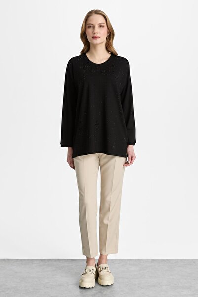 Mutlu Ertan Women's Round Neck Stone-Embellished Blouse Black 30460