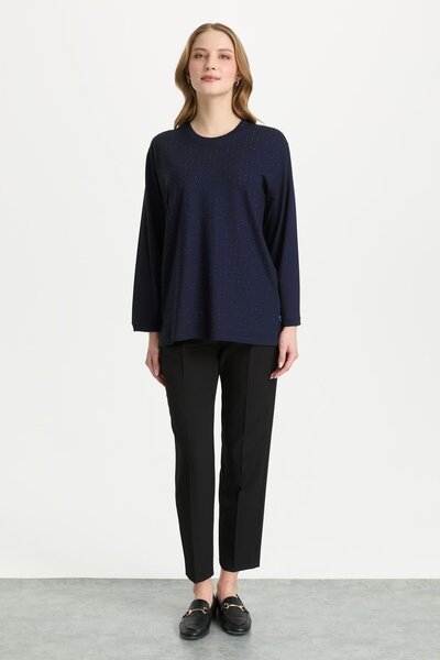 Mutlu Ertan Women's Round Neck Stone-Embellished Blouse Navy Blue 30460
