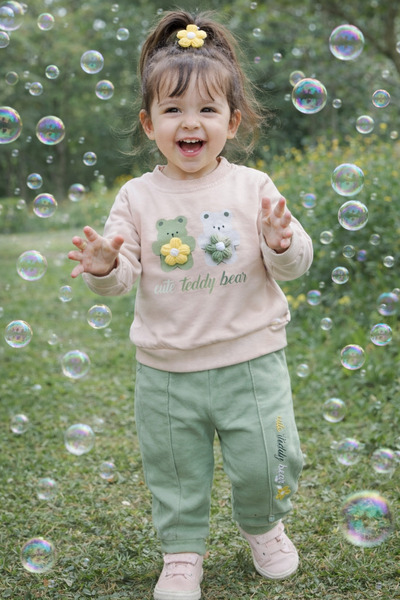 Atlas Baby House طقم من قطعتين للفتيات الصغيرات - سترة وبنطلون بتفاصيل زهور ث...