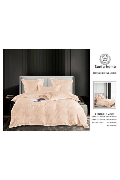 FIONNA.RO Satin Jacquard Duvet Cover Set With Embroidery Inserts - Peach Pink...