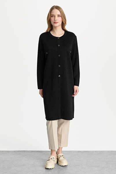 Mutlu Ertan Kadın Düğmeli Simli Uzun Hırka Siyah 20304