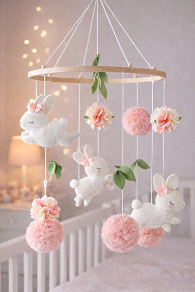 FN El Yapımı Keçe Tavşanlı Bebek Dönencesi – Pembe Çiçekli Ahşap Kasnaklı Kız...