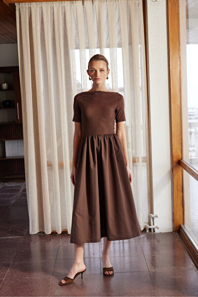 SevdeUgur Дамска блуза с дължина макси от еластичен трикотаж с поплинена пола...