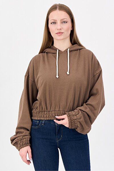 NIA Women Plain Long Sleeve Cropped Hoodies, Brown